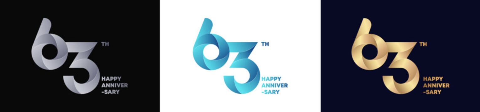 63rd Logo Anniversary with abstract twist consept, Happy Anniversary with Colorful Gradient, Luxury Gold and Elegant Silver. Editable vector