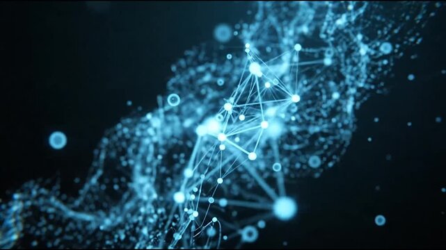 Abstract blue glowing particles forming flowing digital wave pattern.