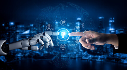 Fototapeta premium Human and Robot Interaction with Futuristic Technology, Touching Gesture, Digital Interface, Advanced Innovation Concept. Entropy.