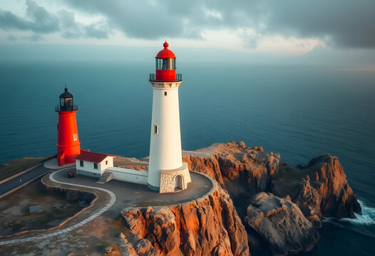 Aerial view of two lighthouses on rocky cliffs by the sea