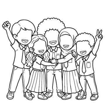 Chibi Faceless Diverse School Students Hugging Coloring Page Outline