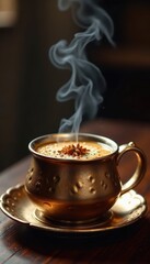 Fototapeta premium Traditional Indian chai tea steaming in a metal cup with spices floating on surface , tea leaves, hot cup, traditional spices