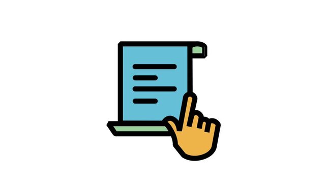 Animated Hand Pointing to Document Icon. Animated linear color icon showing a hand cursor finger pointing at a paragraph line on a text document.