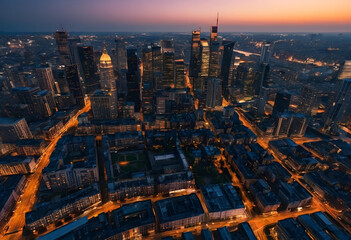 Fototapeta premium aerial view of illuminated city skyline at dusk