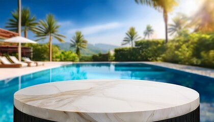 Fototapeta premium Empty Round Marble Table Top With Blur Outdoor Swimming Pool In Tropical Resort Hotel Summer Background