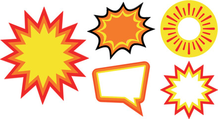 Comic book speech bubbles and explosion burst elements vector set with retro pop art starburst shapes for graphic design © MdMoklesur