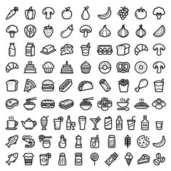 Naklejka premium Comprehensive set of food and drink line art icons. Diverse collection featuring fruits, vegetables, meals, snacks, desserts, and beverages for menus or apps.