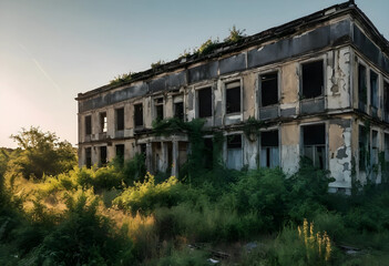 Fototapeta premium Old abandoned building overgrown with vegetation at golden hour