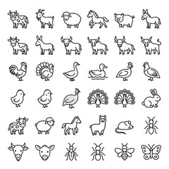 Fototapeta premium Farm Animals, Birds, Mammals, and Insects Line Icons Vector Set. Collection of Outline Cartoon Graphic Symbols for Livestock, Wildlife, and Nature.
