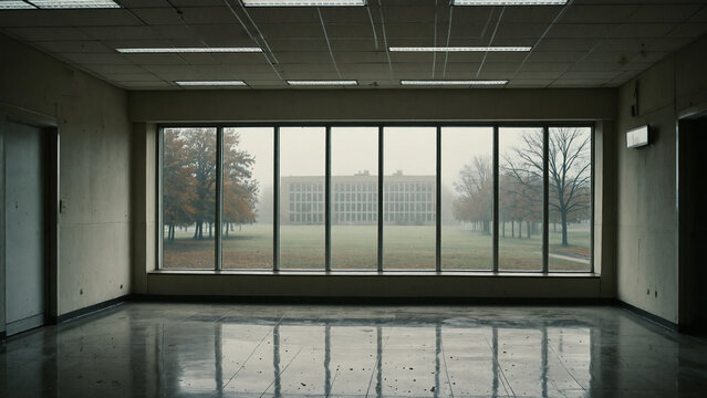 View of empty building lawn and building through large window pane on gloomy day, abandoned interior with floor reflections