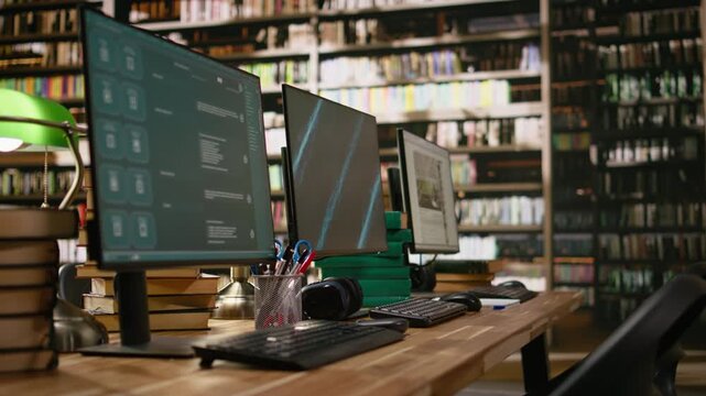 Desktop monitors with blue screen and AI chatbot in library workspace, data automation and abstract display background at desk, wooden table with headphones and books, for academic research.