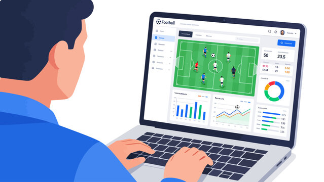 Man analyzing football data on laptop screen with charts and game simulation