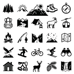 Obraz premium Outdoor Adventure Icons: Hiking, Camping, Skiing, Nature, Travel, and Sports