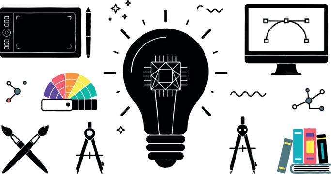 Minimalist line art graphic design tools vector template with thin outline tech blueprint lightbulb and geometric drawing icons