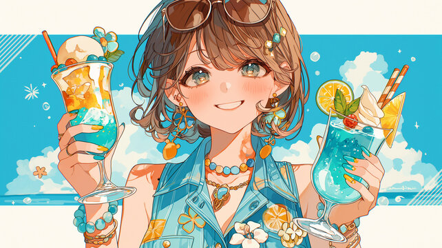 夏の思い出やレジャーの楽しさを表現した飲み物を持つ女の子のアニメ風イラスト、レジャー、海辺、旅行、休日、青春、飲み物、アイスクリーム、ソーダ、カフェ、スイーツ、デザート、人物、ポートレート、笑顔、おしゃれ、ファッション、アクセサリー、屋外、夏休み、観光、バカンス、思い出、爽快感、可愛い、背景素材、挿絵、広告、販促、ポスター、SNS、ヘッダー、サムネイル、テンプレート、夏気分、透明感、日差し、季節感