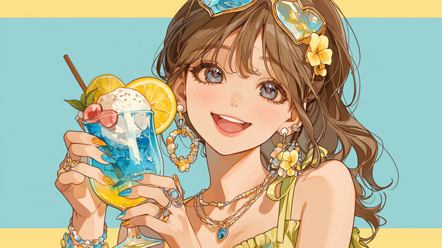 夏のレジャーを楽しむ女の子が冷たい飲み物を手に笑顔を見せるアニメ風イラスト、レジャー、海辺、旅行、休日、青春、飲み物、アイスクリーム、ソーダ、カフェ、スイーツ、デザート、人物、ポートレート、笑顔、おしゃれ、ファッション、アクセサリー、屋外、夏休み、観光、バカンス、思い出、爽快感、可愛い、背景素材、挿絵、広告、販促、ポスター、SNS、ヘッダー、サムネイル、テンプレート、日差し、季節感、女子旅、透明感
