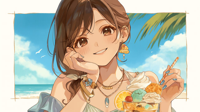 休日の海辺で冷たいデザートとドリンクを味わう青春感たっぷりの女の子のアニメ風イラスト、レジャー、海辺、旅行、休日、青春、飲み物、アイスクリーム、ソーダ、カフェ、スイーツ、デザート、人物、ポートレート、笑顔、おしゃれ、ファッション、アクセサリー、屋外、夏休み、観光、バカンス、思い出、爽快感、可愛い、背景素材、挿絵、広告、販促、ポスター、SNS、ヘッダー、サムネイル、テンプレート、透明感、夏気分、海風