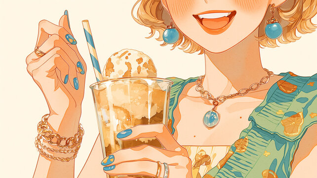 休日の海辺で冷たいデザートとドリンクを味わう青春感たっぷりの女の子のアニメ風イラスト、レジャー、海辺、旅行、休日、青春、飲み物、アイスクリーム、ソーダ、カフェ、スイーツ、デザート、人物、ポートレート、笑顔、おしゃれ、ファッション、アクセサリー、屋外、夏休み、観光、バカンス、思い出、爽快感、可愛い、背景素材、挿絵、広告、販促、ポスター、SNS、ヘッダー、サムネイル、テンプレート、透明感、夏気分、海風