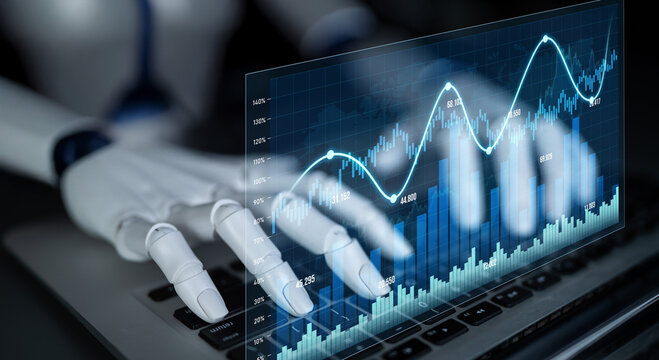 A robotic hand interacts with dynamic financial data displayed on a laptop screen, illustrating the integration of technology and finance in a contemporary workspace. Scalp