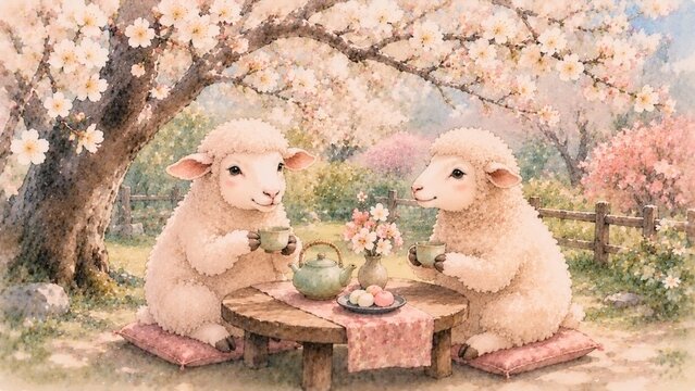 羊たちのお花見ティータイム 水彩イラスト
