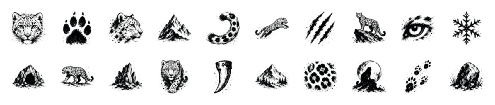 Collection of black and white grunge-style illustrations featuring snow leopards, paw prints, mountains, and other related elements