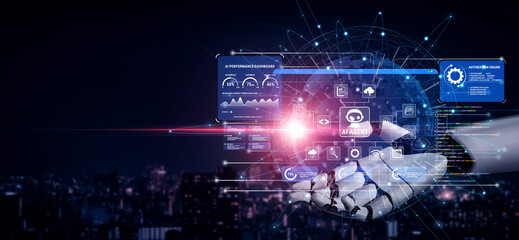 Futuristic Digital Interface Demonstration with Robotic Hand and Data Visualization in Night Cityscape Background. Glyphic.