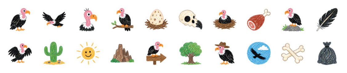 Fototapeta premium Collection of colorful crayon-drawn vulture and desert-themed icons, featuring various poses, a cactus, sun, mountains, and other related elements