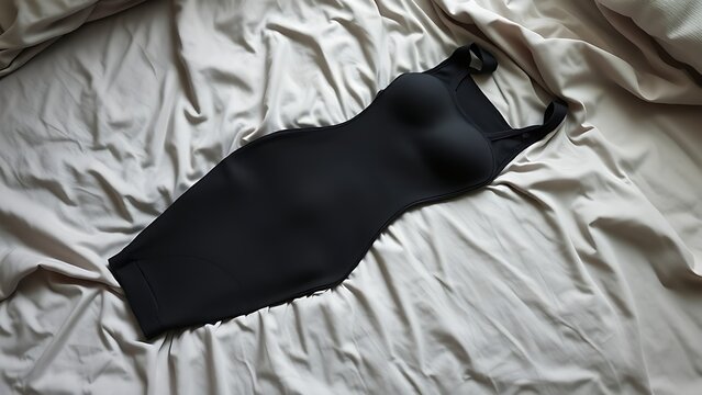 Black seamless shapewear on light grey silk sheets with soft fabric texture.