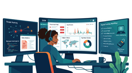 Fototapeta premium A dedicated female cybersecurity analyst monitoring digital threats on multiple computer screens.
