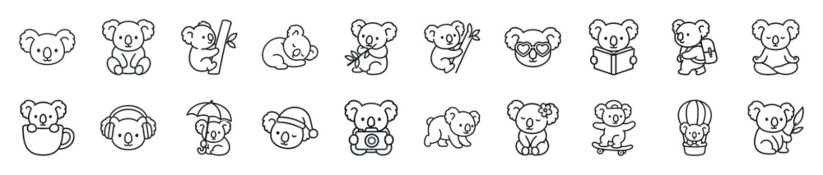 Collection of twenty cute koala line art icons depicting various activities and poses in a charming, simple style