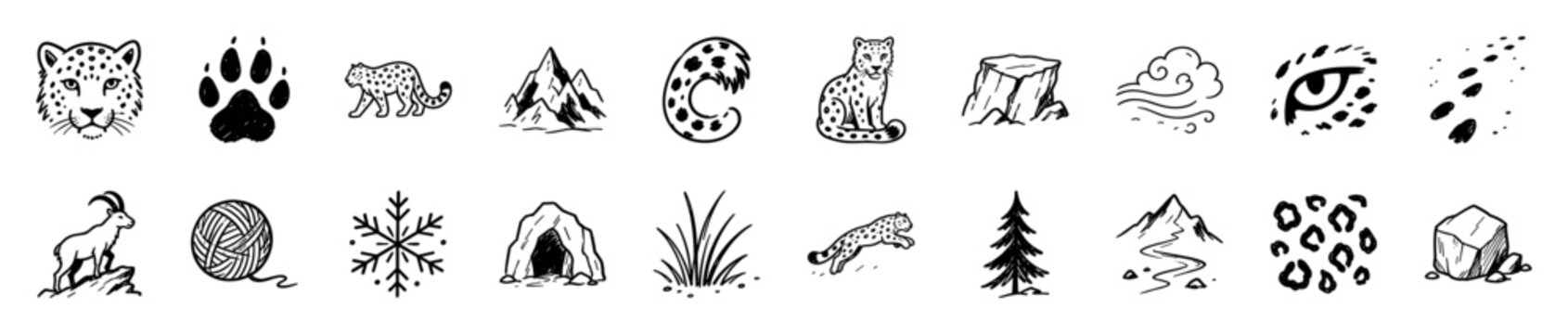 Collection of hand-drawn black and white icons depicting various elements related to snow leopards and their natural habitat