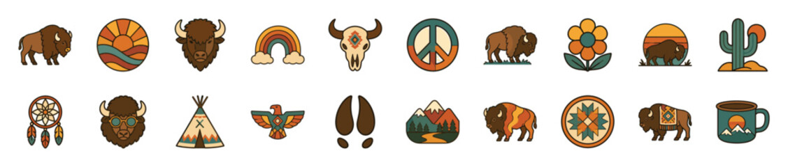 Fototapeta premium Collection of twenty flat vector illustrations depicting various elements of Native American and Western culture, including bison, dreamcatchers, teepees, and natural landscapes, presented
