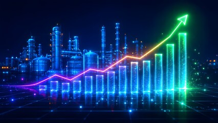 Fototapeta premium Glowing bar chart with upward arrow over industrial factory. Concept of manufacturing production, energy sector investment, and market performance.