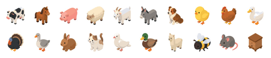 Fototapeta premium Diverse collection of isometric farm animals and related objects, including a cow, horse, pig, sheep, goat, donkey, dog, chick, hen, duck, turkey, goose, rabbit, cat, pigeon, mallard, llama,