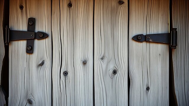 Weathered wooden barn door with aged metal hasps in morning light.