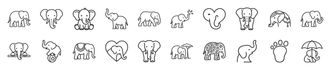 Fototapeta premium Collection of various simple black outline elephant icons in different poses and styles, including a baby elephant, an elephant head, and an elephant with a decorative pattern