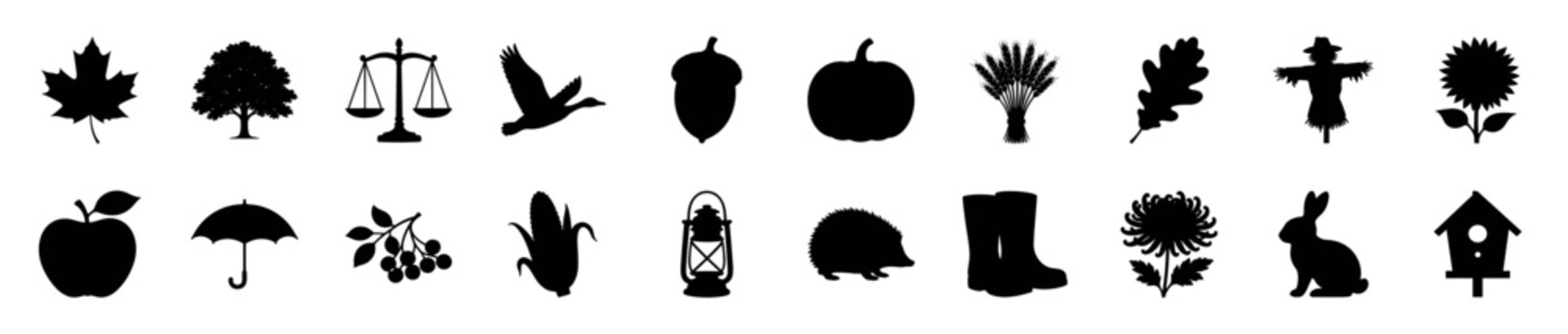 Collection of twenty black silhouette icons representing various autumn and harvest season elements, including leaves, fruits, animals, and objects