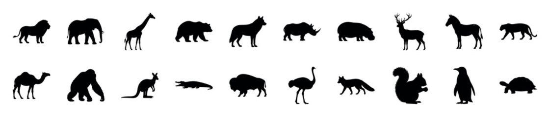 Fototapeta premium Various black animal silhouettes are arranged in two rows, showcasing diverse wildlife species in a clean, graphic style