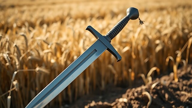 Sword transformed into a plowshare placed before a field of wheat, symbolic change.