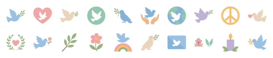 Fototapeta premium Collection of pastel-colored peace and love icons, featuring doves, hearts, olive branches, and a peace sign