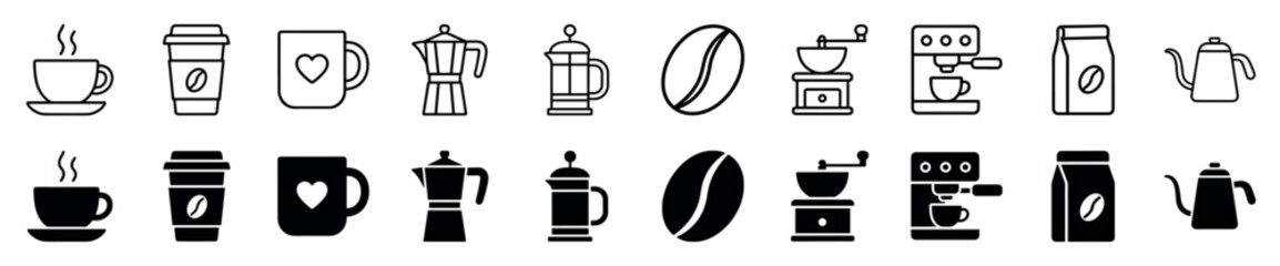 Fototapeta premium Collection of coffee-related icons in both outline and solid black styles, depicting various brewing methods and items