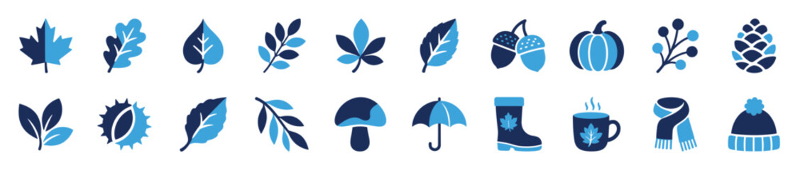 Fototapeta premium Various blue and dark blue autumn-themed icons are neatly arranged in two rows, featuring leaves, acorns, pumpkins, and winter accessories