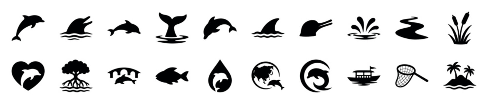 Collection of black silhouette icons depicting various marine life, water elements, and nature scenes in a clean, graphic style