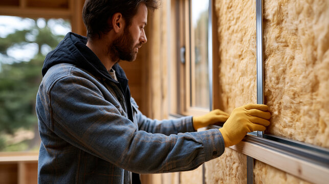 House wall insulation with construction worker installing glass wool into a metal profile frame, energy efficiency concept, with copy space