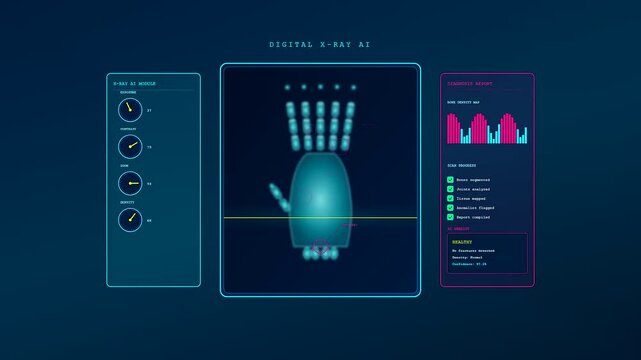 A digital AI Medical Diagnostics interface scans a robotic hand in a sequence of procedural movements showing complex data analytics for advanced health monitoring and analysis