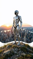 Naklejka premium Silver humanoid robot standing on rocky outcrop overlooking city at sunset