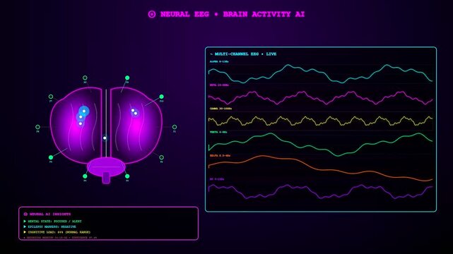 A futuristic digital dashboard showing AI medical diagnostics where colorful brain waves and neural signals fluctuate across a dark high tech medical computer monitoring screen display.