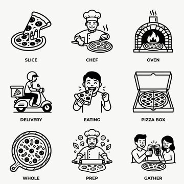 Pizza Icons Set: Slice, Chef, Oven, Delivery, Eating, Box, Whole, Prep, Gather