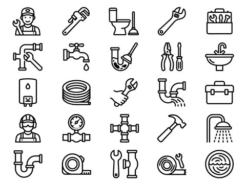 Plumbing Icons Set: Tools, Fixtures, and Professional Plumber Line Art