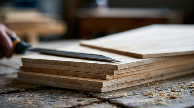 Cutting and marking balsa wood templates for making engineered stone countertops, kitchen renovation craftsmanship concept, with copy space